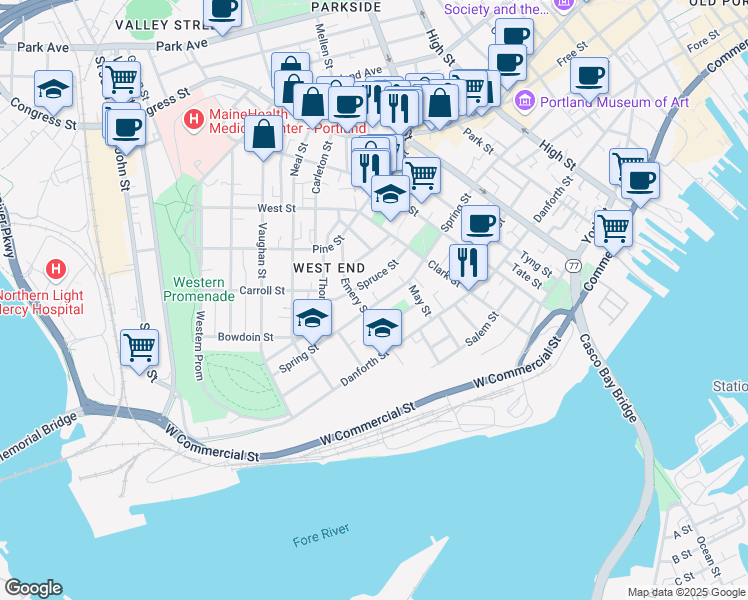 map of restaurants, bars, coffee shops, grocery stores, and more near 295 Spring Street in Portland