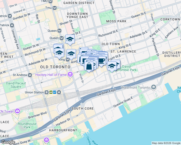 map of restaurants, bars, coffee shops, grocery stores, and more near 55 Front Street East in Toronto