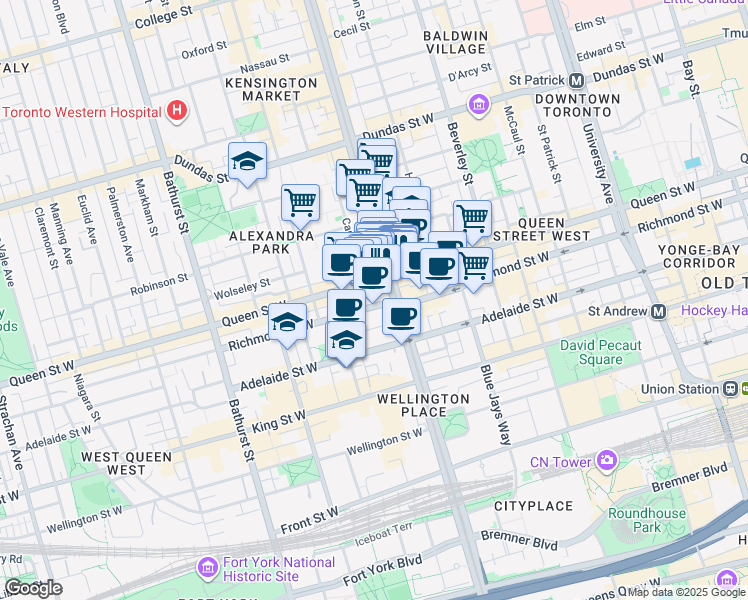 map of restaurants, bars, coffee shops, grocery stores, and more near 440 Richmond Street West in Toronto