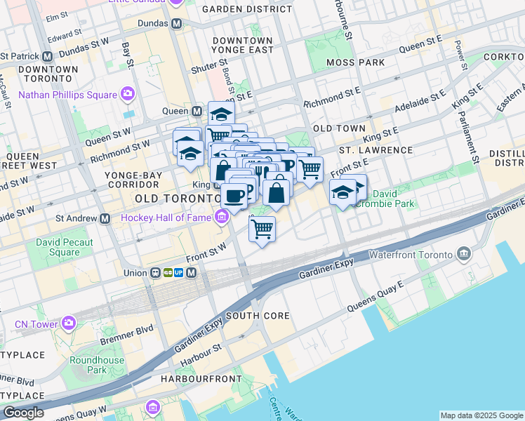 map of restaurants, bars, coffee shops, grocery stores, and more near 11 Leader Lane in Toronto