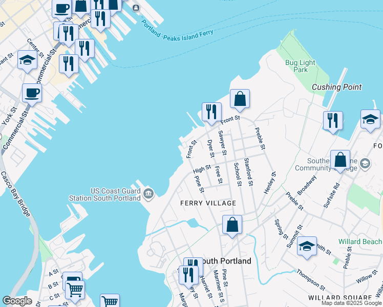 map of restaurants, bars, coffee shops, grocery stores, and more near 8 Pine Street in South Portland