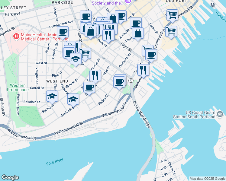 map of restaurants, bars, coffee shops, grocery stores, and more near 188 Danforth Street in Portland