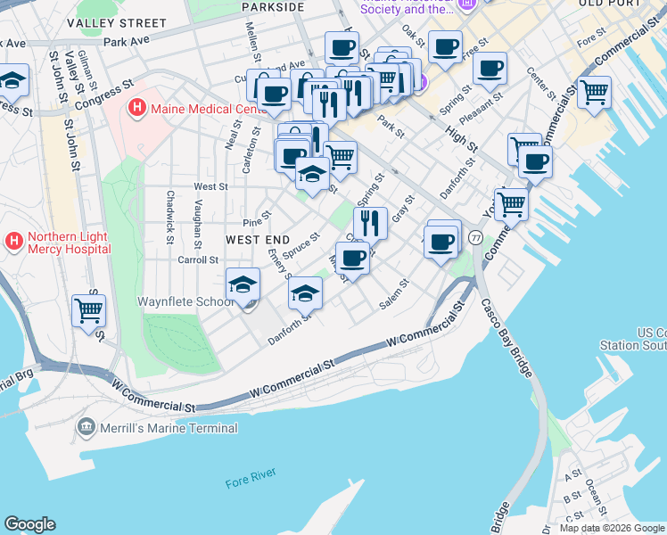 map of restaurants, bars, coffee shops, grocery stores, and more near 112 Clark Street in Portland
