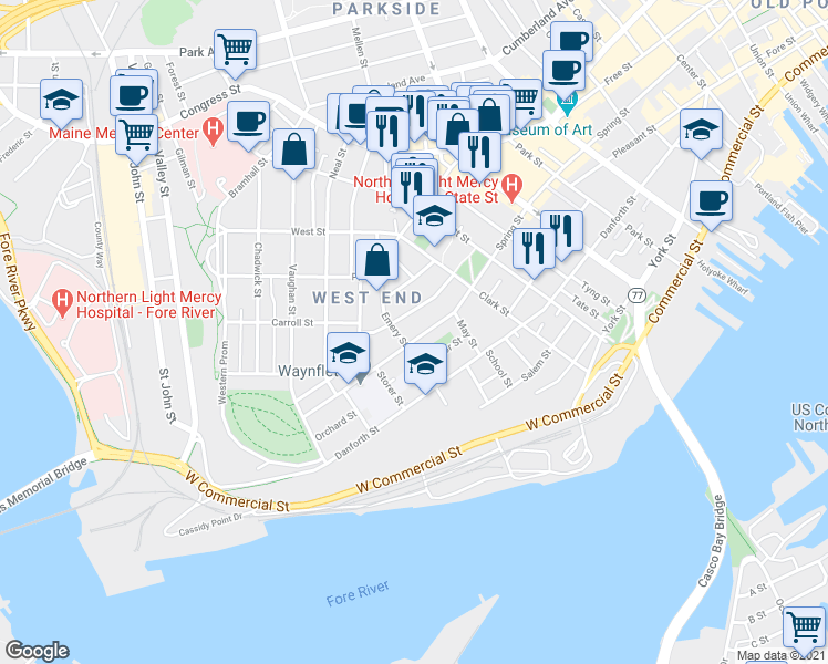map of restaurants, bars, coffee shops, grocery stores, and more near 83 Spruce Street in Portland