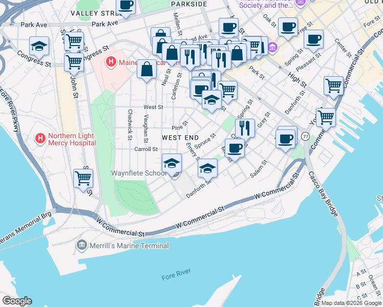 map of restaurants, bars, coffee shops, grocery stores, and more near 83 Spruce Street in Portland