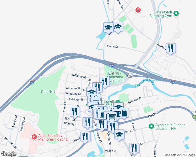 map of restaurants, bars, coffee shops, grocery stores, and more near 137 Hanover Street in Lebanon