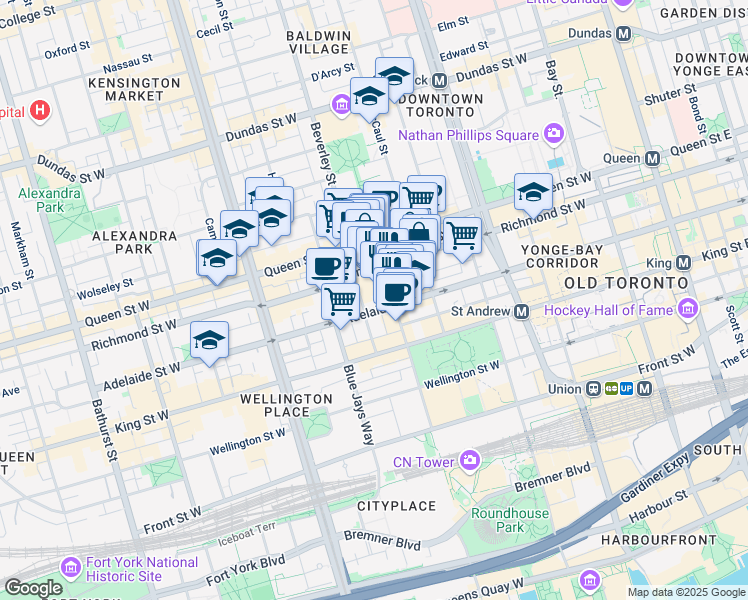 map of restaurants, bars, coffee shops, grocery stores, and more near 290 Adelaide Street West in Toronto