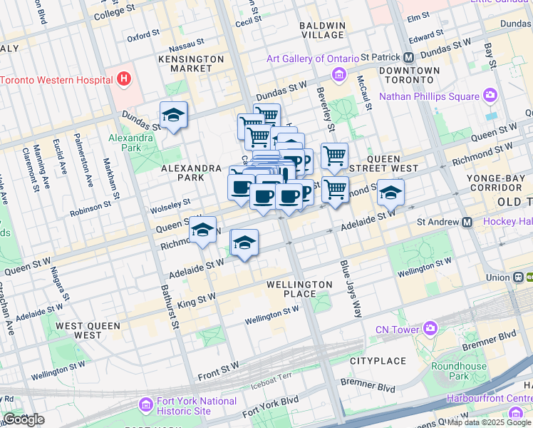 map of restaurants, bars, coffee shops, grocery stores, and more near in Toronto