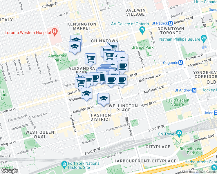 map of restaurants, bars, coffee shops, grocery stores, and more near in Toronto