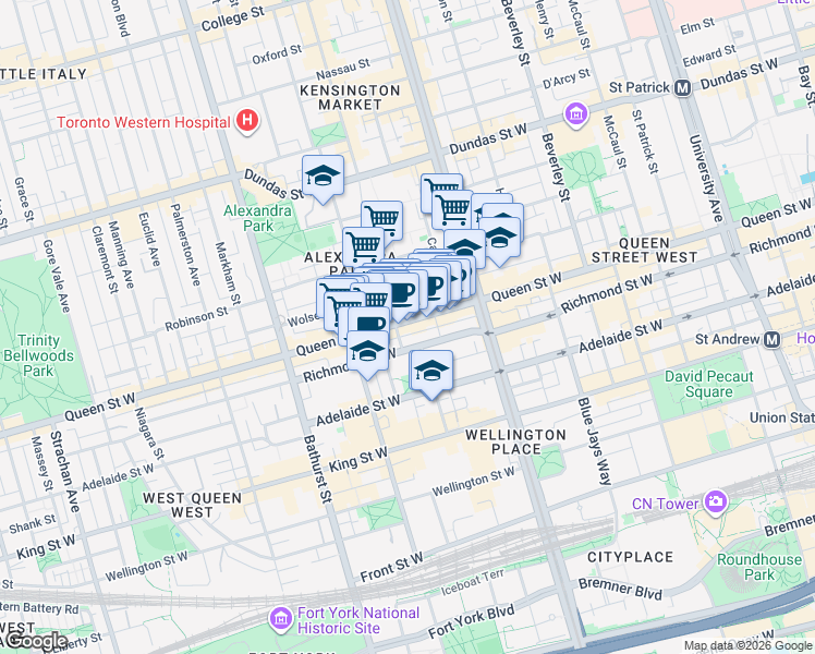 map of restaurants, bars, coffee shops, grocery stores, and more near 543 Queen Street West in Toronto