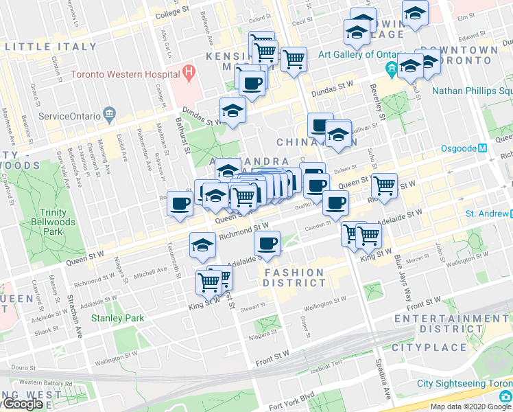 map of restaurants, bars, coffee shops, grocery stores, and more near 12 Denison Avenue in Toronto