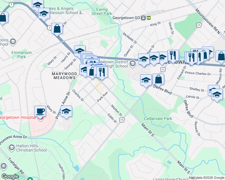 map of restaurants, bars, coffee shops, grocery stores, and more near 38 Park Avenue in Halton Hills