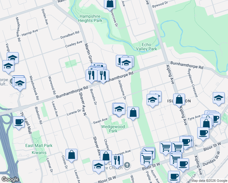 map of restaurants, bars, coffee shops, grocery stores, and more near 119 Wedgewood Drive in Toronto