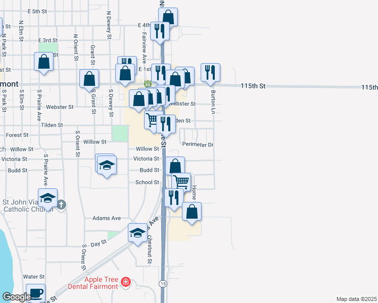 map of restaurants, bars, coffee shops, grocery stores, and more near 1205 Victoria Street in Fairmont