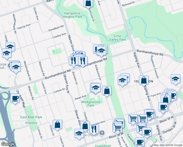 map of restaurants, bars, coffee shops, grocery stores, and more near in Toronto