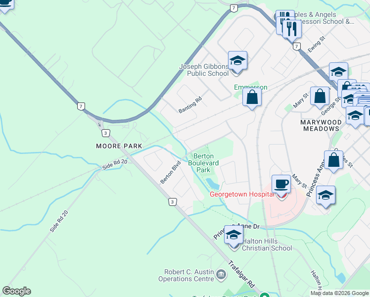map of restaurants, bars, coffee shops, grocery stores, and more near 182 Mowat Crescent in Halton Hills