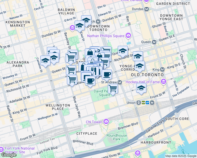 map of restaurants, bars, coffee shops, grocery stores, and more near 19 Duncan Street in Toronto