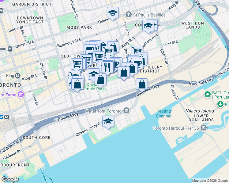 map of restaurants, bars, coffee shops, grocery stores, and more near 31 Longboat Avenue in Toronto