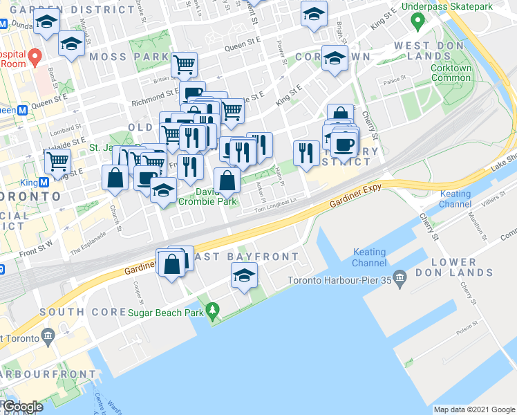 map of restaurants, bars, coffee shops, grocery stores, and more near 31 Longboat Avenue in Toronto
