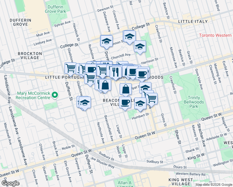 map of restaurants, bars, coffee shops, grocery stores, and more near in Toronto