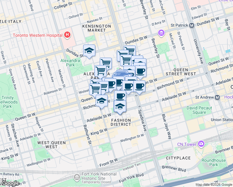 map of restaurants, bars, coffee shops, grocery stores, and more near 507 Queen Street West in Toronto