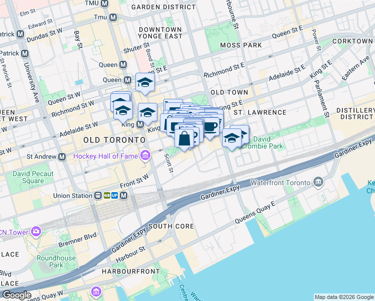 map of restaurants, bars, coffee shops, grocery stores, and more near 55 Front Street East in Toronto