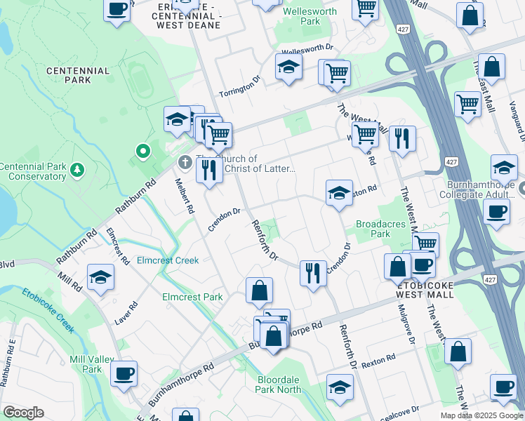 map of restaurants, bars, coffee shops, grocery stores, and more near in Toronto