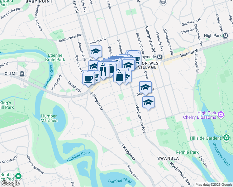map of restaurants, bars, coffee shops, grocery stores, and more near 69 Mayfield Avenue in Toronto