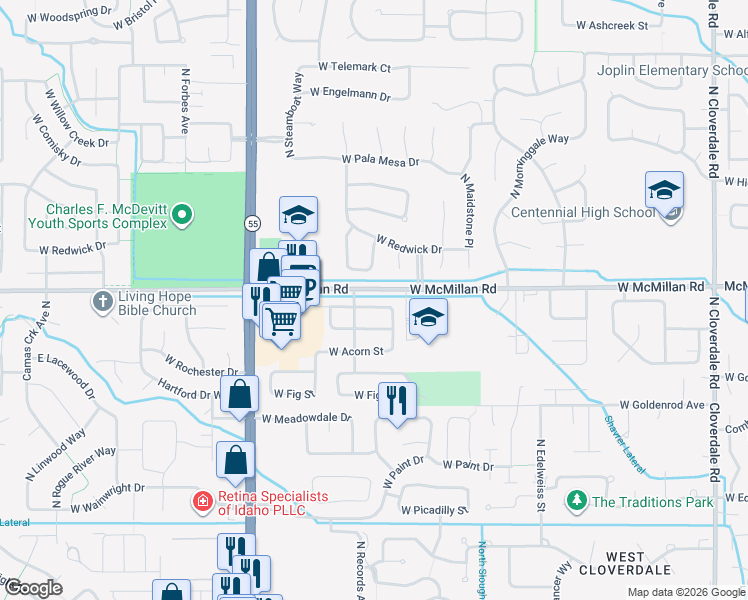 map of restaurants, bars, coffee shops, grocery stores, and more near 13345 West McMillan Road in Boise