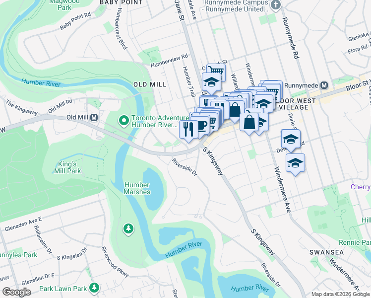 map of restaurants, bars, coffee shops, grocery stores, and more near 2 Old Mill Drive in Toronto
