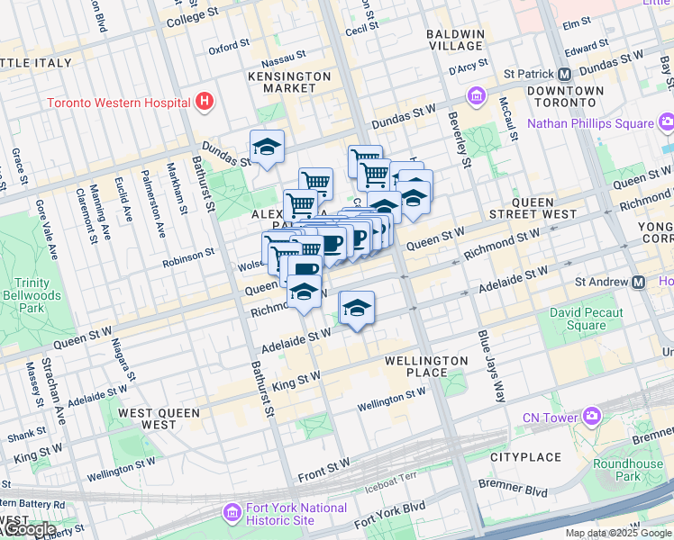 map of restaurants, bars, coffee shops, grocery stores, and more near 527 Queen Street West in Toronto