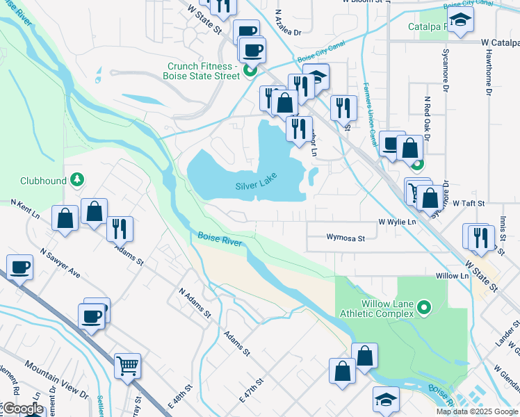 map of restaurants, bars, coffee shops, grocery stores, and more near 5308 Wylie Lane in Boise