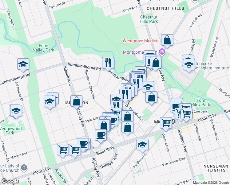 map of restaurants, bars, coffee shops, grocery stores, and more near 65 Burnhamthorpe Crescent in Toronto
