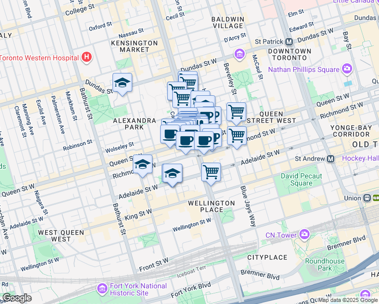 map of restaurants, bars, coffee shops, grocery stores, and more near 438 Richmond Street West in Toronto