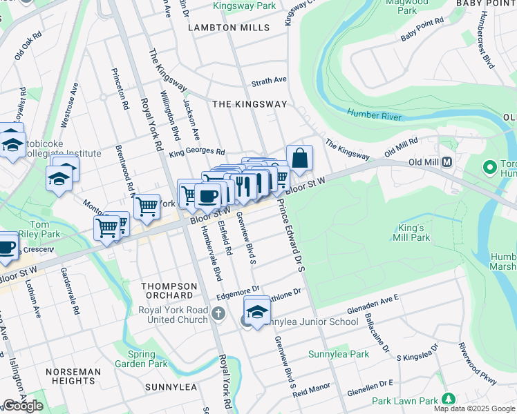 map of restaurants, bars, coffee shops, grocery stores, and more near 2915 Bloor Street West in Toronto