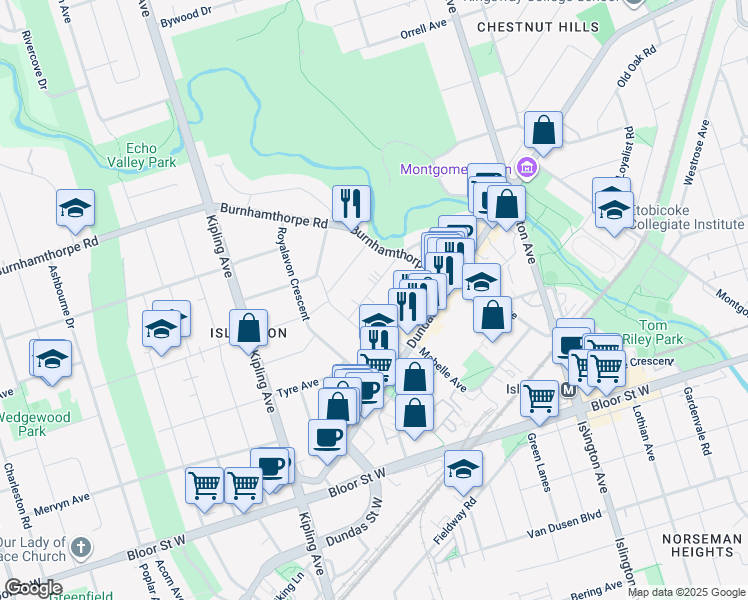 map of restaurants, bars, coffee shops, grocery stores, and more near 65 Burnhamthorpe Crescent in Toronto