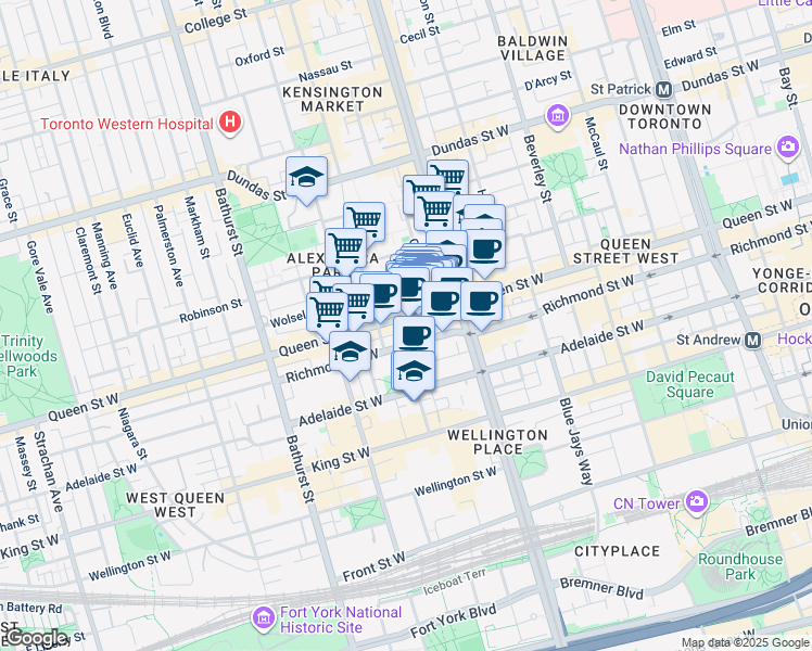 map of restaurants, bars, coffee shops, grocery stores, and more near 422 A Queen Street West in Toronto