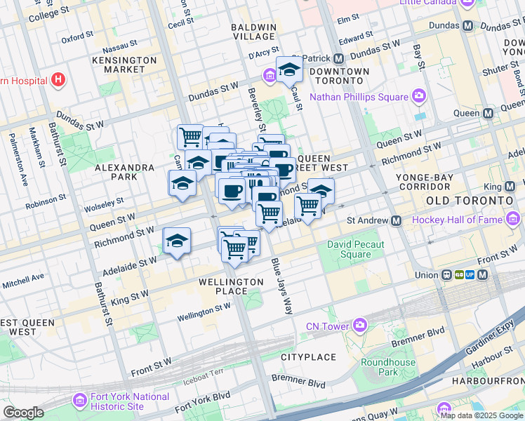 map of restaurants, bars, coffee shops, grocery stores, and more near 281 Richmond Street West in Toronto