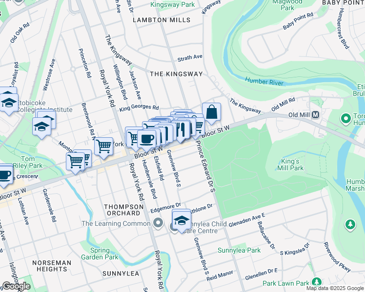 map of restaurants, bars, coffee shops, grocery stores, and more near 2915 Bloor Street West in Toronto