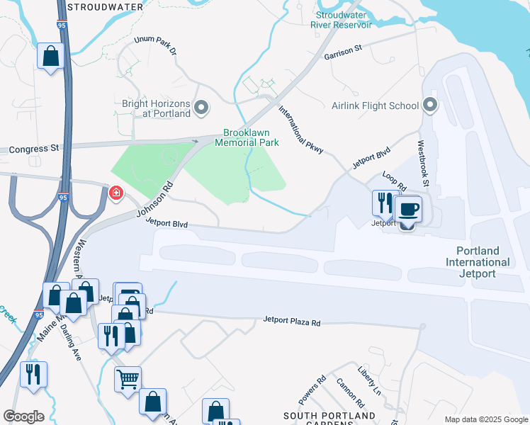 map of restaurants, bars, coffee shops, grocery stores, and more near 151 Jetport Boulevard in Portland