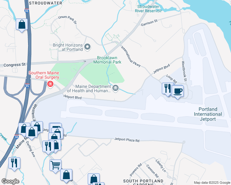 map of restaurants, bars, coffee shops, grocery stores, and more near 151 Jetport Boulevard in Portland