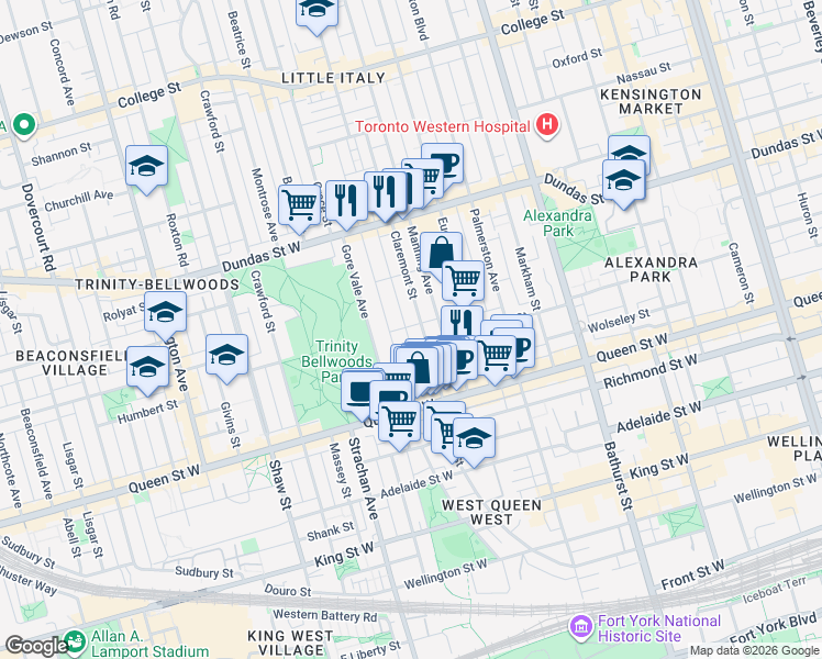 map of restaurants, bars, coffee shops, grocery stores, and more near 62 Claremont Street in Toronto