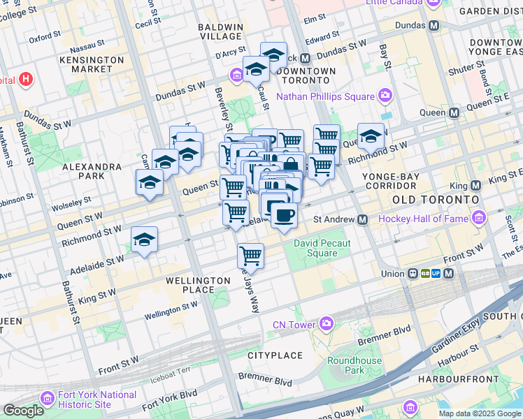 map of restaurants, bars, coffee shops, grocery stores, and more near 290 Adelaide Street West in Toronto