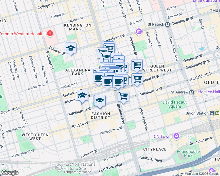 map of restaurants, bars, coffee shops, grocery stores, and more near 438 Richmond Street West in Toronto