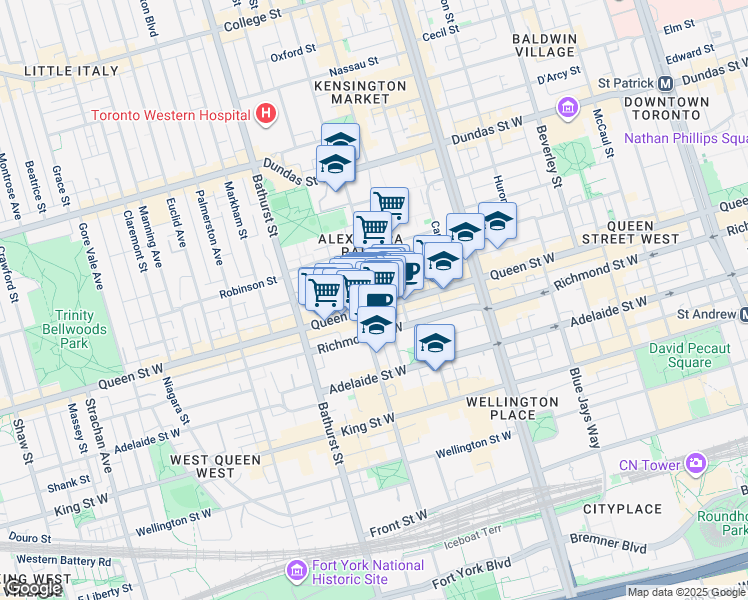 map of restaurants, bars, coffee shops, grocery stores, and more near 12 Denison Avenue in Toronto
