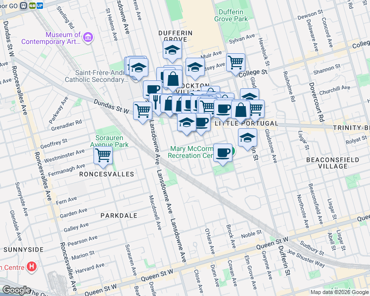 map of restaurants, bars, coffee shops, grocery stores, and more near 39 Shirley Street in Toronto