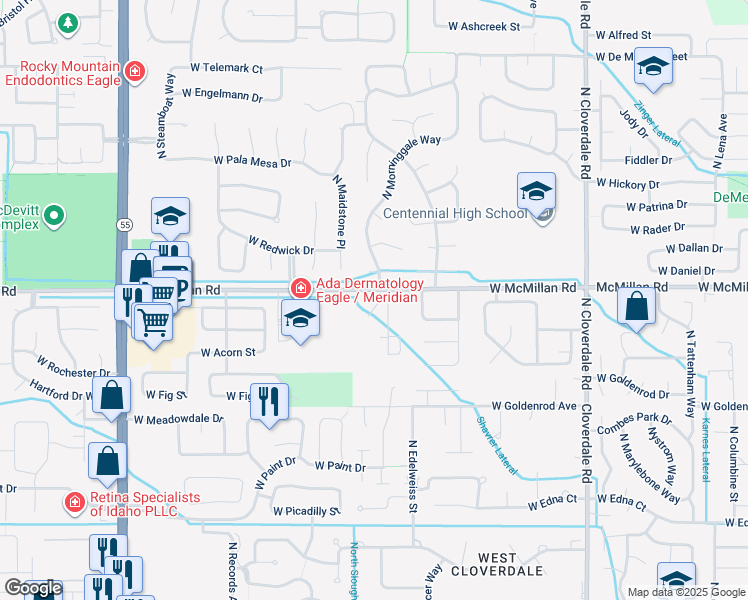 map of restaurants, bars, coffee shops, grocery stores, and more near 12889 West Goldenbrook Court in Boise