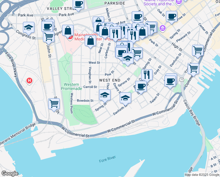 map of restaurants, bars, coffee shops, grocery stores, and more near 47 Thomas Street in Portland