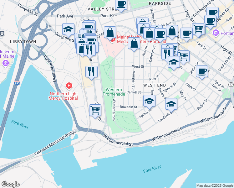 map of restaurants, bars, coffee shops, grocery stores, and more near 87 Carroll Street in Portland