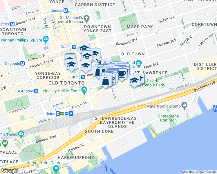 map of restaurants, bars, coffee shops, grocery stores, and more near 18 Church Street in Toronto